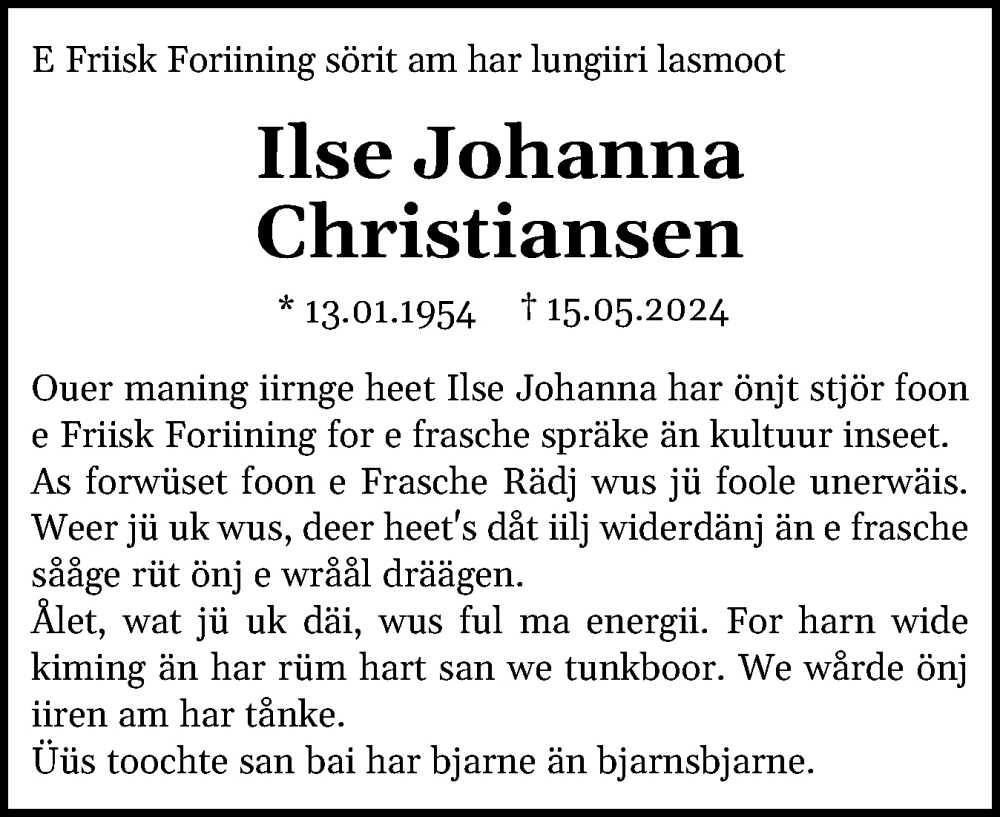  Traueranzeige für Ilse Johanna Christiansen vom 23.05.2024 aus Region Westküste