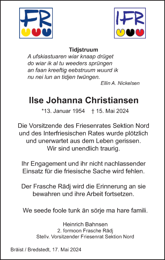 Traueranzeige von Ilse Johanna Christiansen von Region Flensburg
