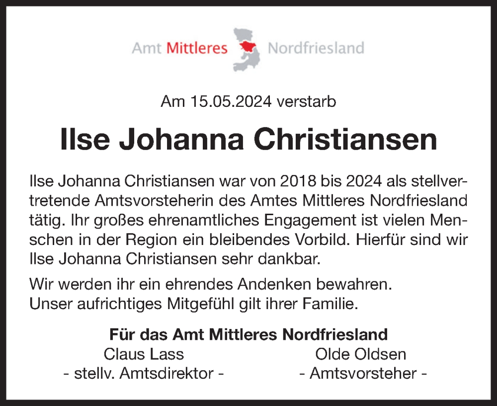  Traueranzeige für Ilse Johanna Christiansen vom 23.05.2024 aus Region Westküste