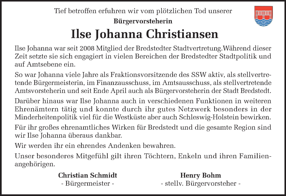  Traueranzeige für Ilse Johanna Christiansen vom 23.05.2024 aus Region Westküste