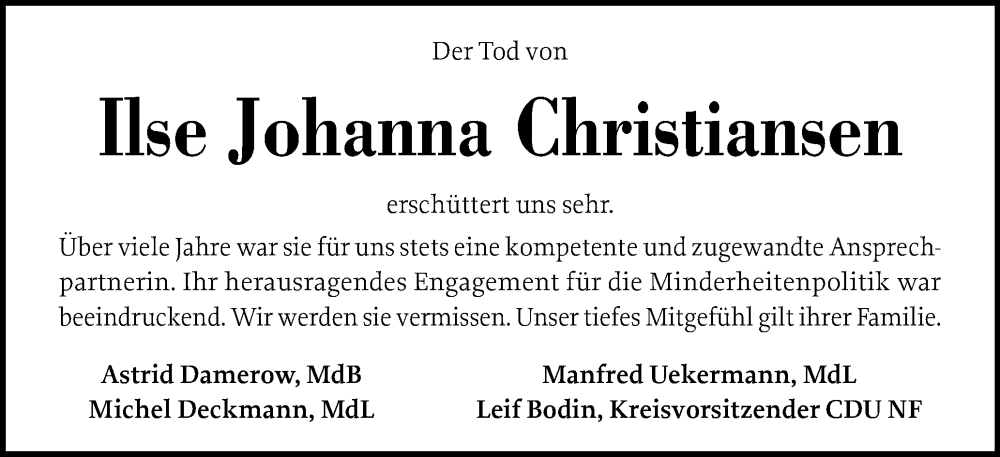  Traueranzeige für Ilse Johanna Christiansen vom 22.05.2024 aus Husumer Nachrichten, Nordfriesland Tageblatt