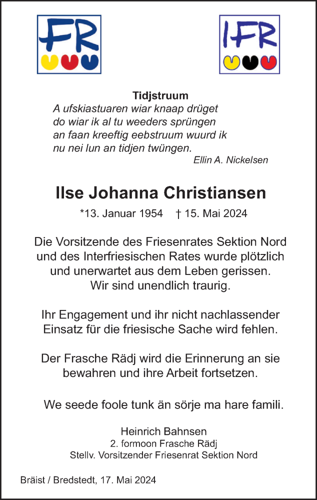  Traueranzeige für Ilse Johanna Christiansen vom 22.05.2024 aus Region Flensburg