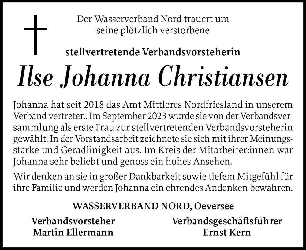  Traueranzeige für Ilse Johanna Christiansen vom 24.05.2024 aus Husumer Nachrichten, Nordfriesland Tageblatt