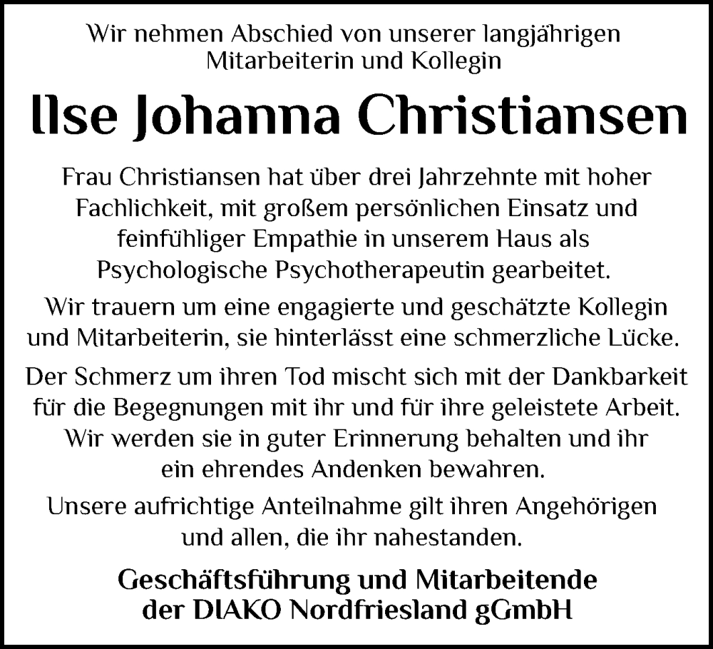  Traueranzeige für Ilse Johanna Christiansen vom 25.05.2024 aus Husumer Nachrichten, Nordfriesland Tageblatt