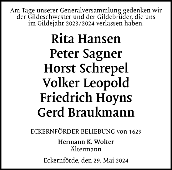 Traueranzeige von Im Gedenken  20232024 von Eckernförder Zeitung, Hallo Eckernförde