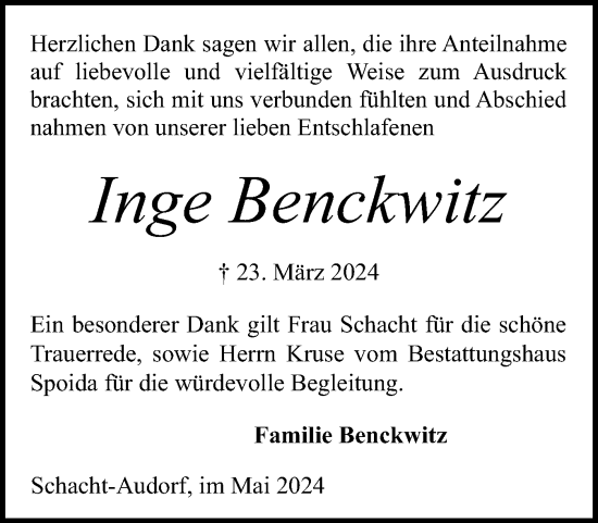 Traueranzeige von Inge Benckwitz von Schleswig-Holsteinische Landeszeitung