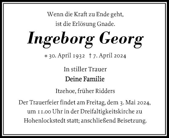 Traueranzeige von Ingeborg Georg von Norddeutsche Rundschau, Wilstersche Zeitung, Glückstädter Fortuna
