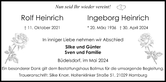 Traueranzeige von Ingeborg Heinrich von Schleswig-Holsteinische Landeszeitung