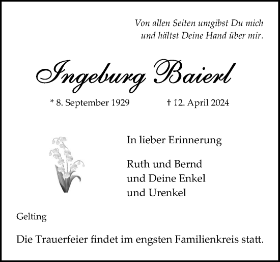 Traueranzeige von Ingeburg Baierl von Flensburger Tageblatt