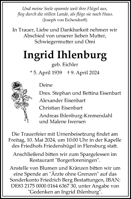 Traueranzeige von Ingrid Ihlenburg von Flensburger Tageblatt