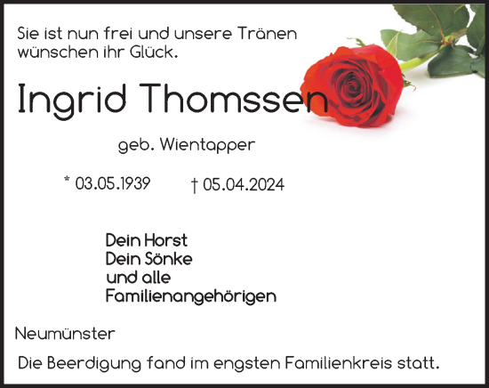 Traueranzeige von Ingrid Thomssen von Elmshorner Nachrichten, Barmstedter Zeitung