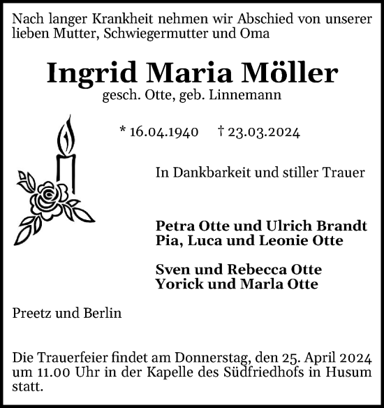 Traueranzeige von Ingrid Maria Möller von Husumer Nachrichten, Nordfriesland Tageblatt