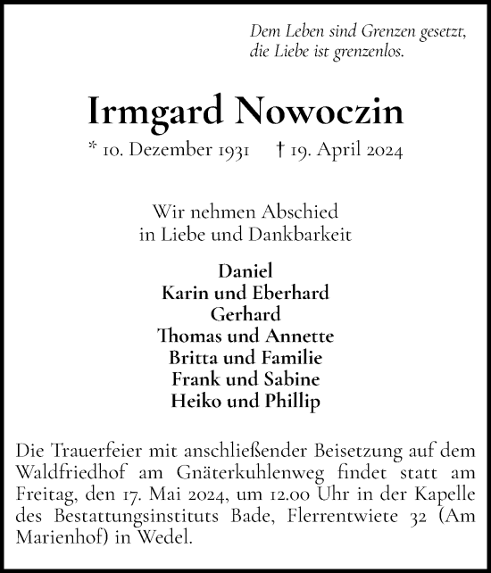 Traueranzeige von Irmgard Nowoczin von Wedel-Schulauer Tageblatt, tip Wedel-Schulauer Tageblatt, tip Rissener Rundschau