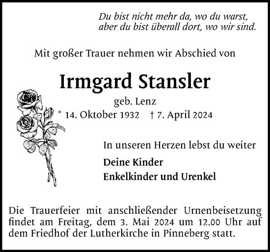 Traueranzeige von Irmgard Stansler von Region Pinneberg und tip Pinneberg