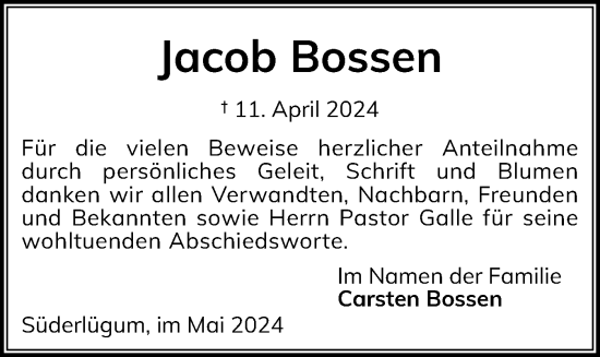 Traueranzeige von Jacob Bossen von Husumer Nachrichten, Nordfriesland Tageblatt