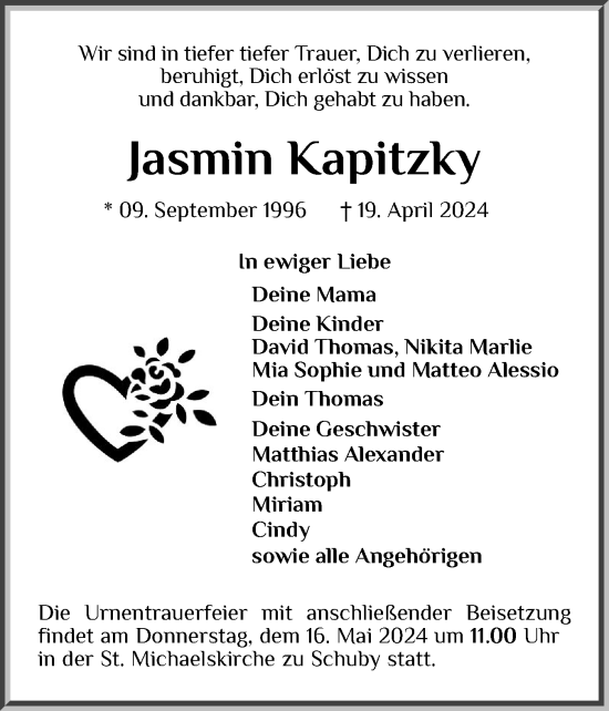 Traueranzeige von Jasmin Kapitzky von Schleswiger Nachrichten, Schlei-Bote
