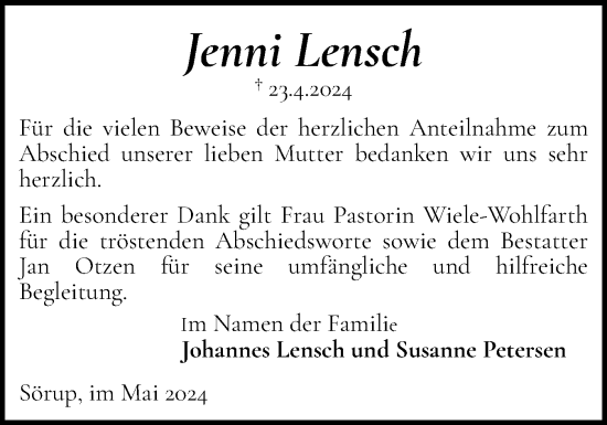 Traueranzeige von Jenni Lensch von Flensburger Tageblatt
