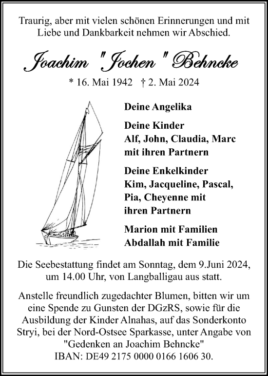 Traueranzeige von Joachim Behncke von Flensburger Tageblatt