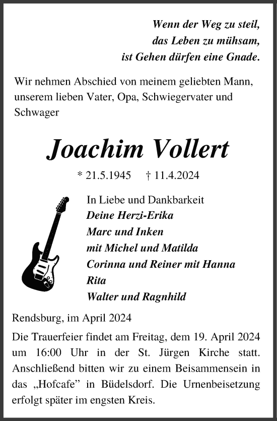 Traueranzeige von Joachim Vollert von Schleswig-Holsteinische Landeszeitung