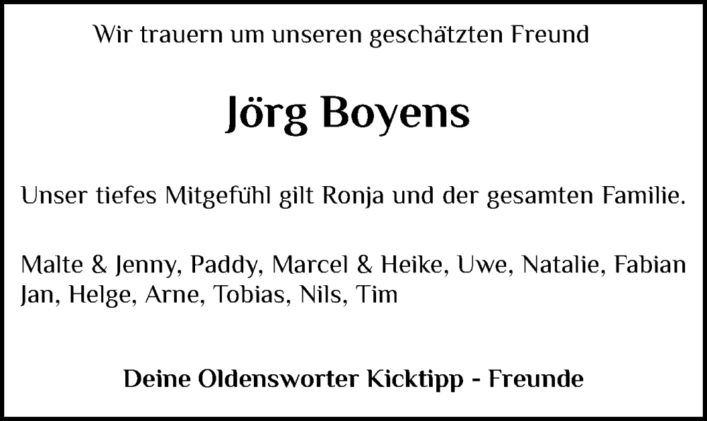  Traueranzeige für Jörg Boyens vom 20.04.2024 aus Husumer Nachrichten, Nordfriesland Tageblatt