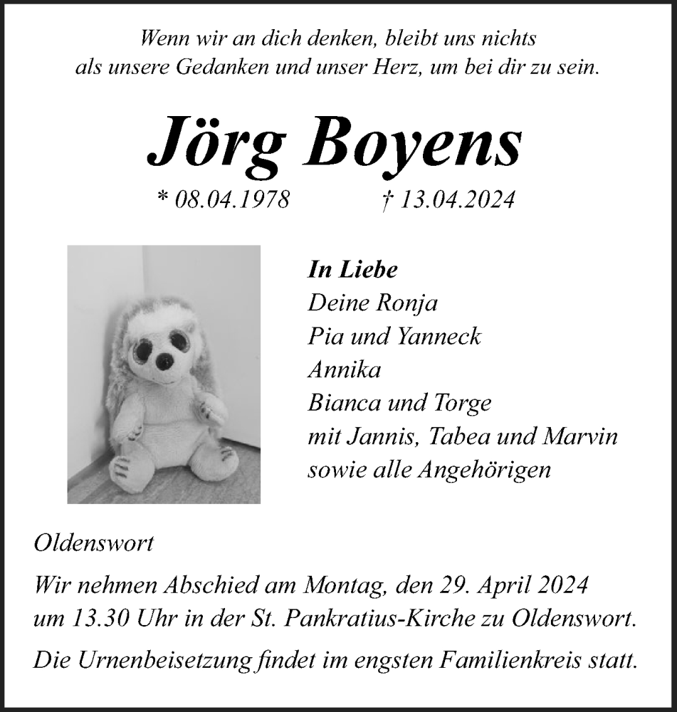  Traueranzeige für Jörg Boyens vom 20.04.2024 aus Husumer Nachrichten, Nordfriesland Tageblatt