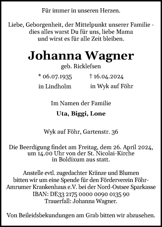 Traueranzeige von Johanna Wagner von Der Insel-Bote