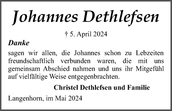 Traueranzeige von Johannes Dethlefsen von Husumer Nachrichten, Nordfriesland Tageblatt