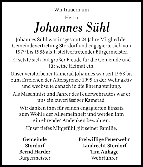 Traueranzeige von Johannes Sühl von Norddeutsche Rundschau, Wilstersche Zeitung, Glückstädter Fortuna
