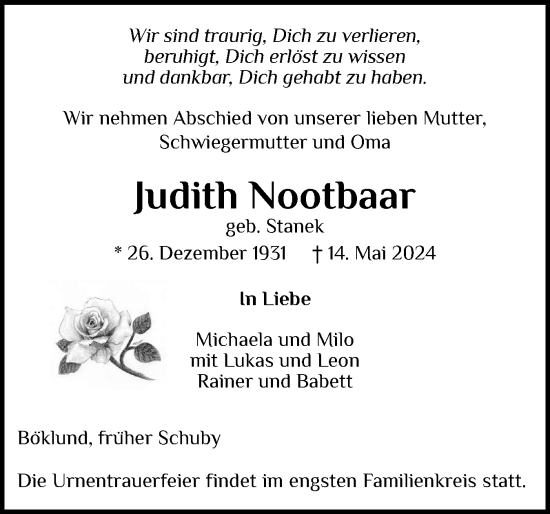 Traueranzeige von Judith Nootbaar von Schleswiger Nachrichten, Schlei-Bote