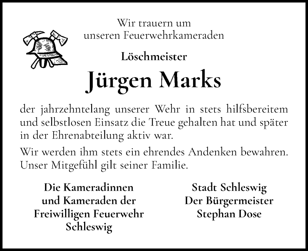  Traueranzeige für Jürgen Marks vom 27.04.2024 aus Schleswiger Nachrichten, Schlei-Bote