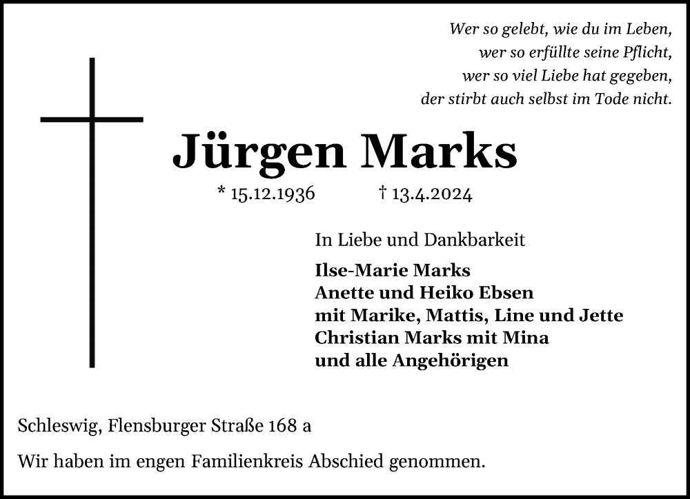  Traueranzeige für Jürgen Marks vom 27.04.2024 aus Schleswiger Nachrichten, Schlei-Bote