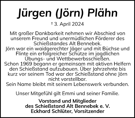 Traueranzeige von Jürgen Plähn von Schleswiger Nachrichten, Schlei-Bote