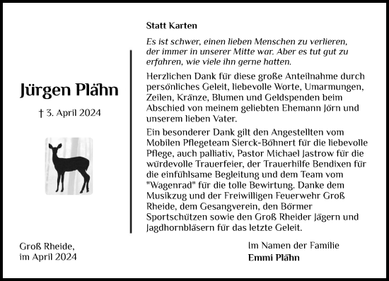 Traueranzeige von Jürgen Plähn von Schleswig-Holsteinische Landeszeitung