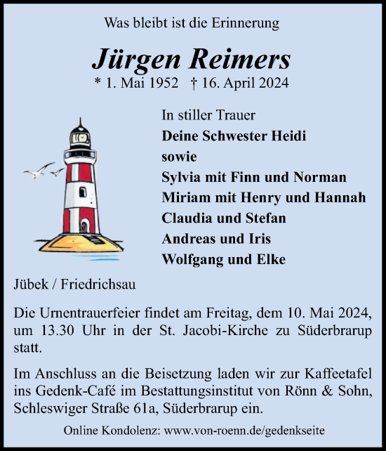 Traueranzeige von Jürgen Reimers von Schleswiger Nachrichten, Schlei-Bote