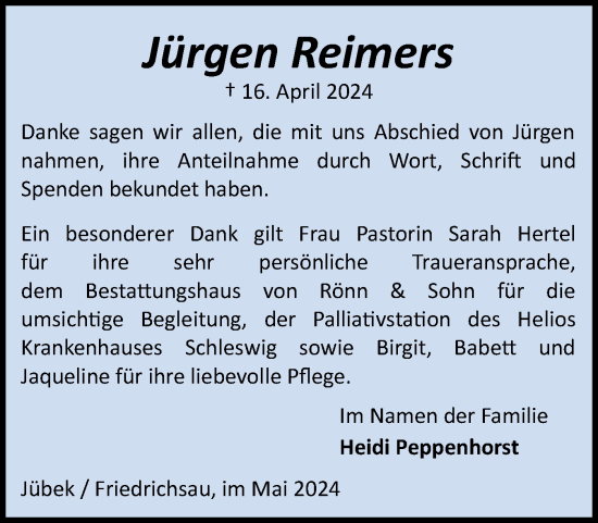 Traueranzeige von Jürgen Reimers von Schleswiger Nachrichten, Schlei-Bote