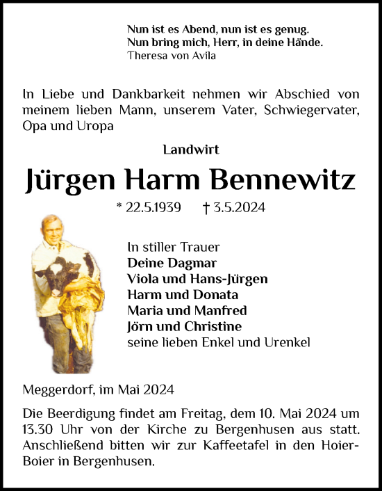 Traueranzeige von Jürgen Harm Bennewitz von Schleswig-Holsteinische Landeszeitung