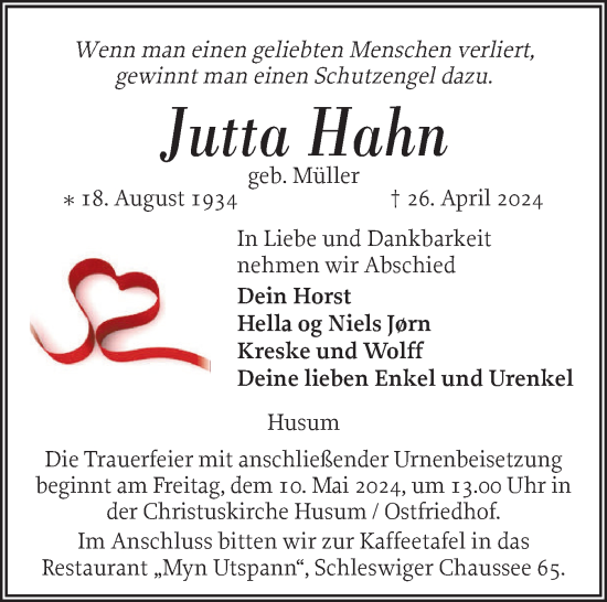 Traueranzeige von Jutta Hahn von Husumer Nachrichten, Nordfriesland Tageblatt