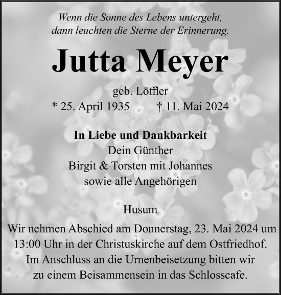Traueranzeige von Jutta Meyer von Husumer Nachrichten, Nordfriesland Tageblatt