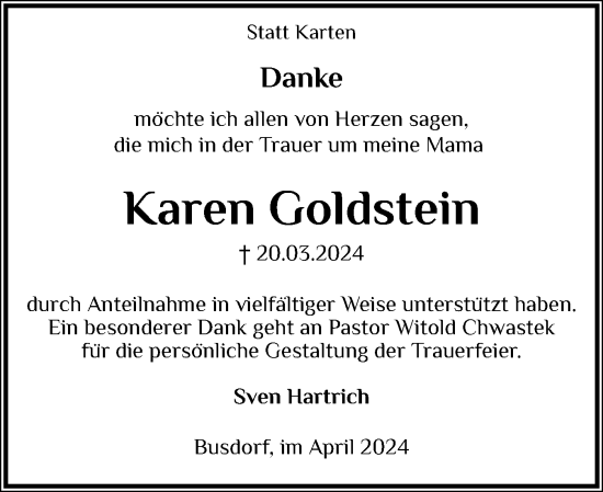 Traueranzeige von Karen Goldstein von Schleswiger Nachrichten, Schlei-Bote