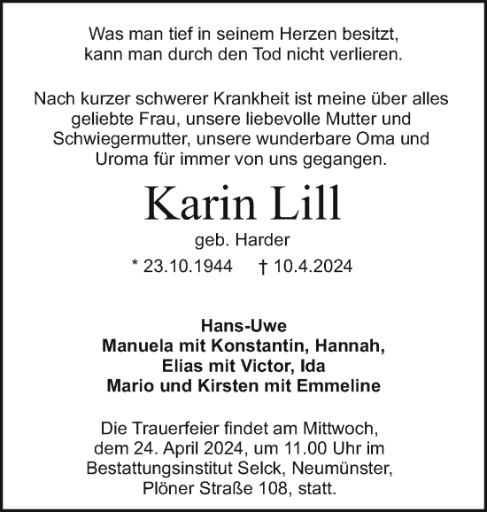 Traueranzeige von Karin Lill von Holsteinischer Courier