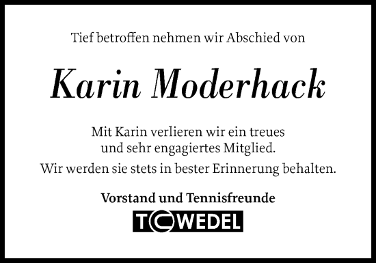 Traueranzeige von Karin Moderhack von Wedel-Schulauer Tageblatt, tip Wedel-Schulauer Tageblatt, tip Rissener Rundschau