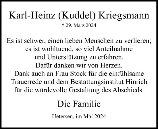 Traueranzeige von Karl-Heinz Kriegsmann von Uetersener Nachrichten, Der tip am Wochenende