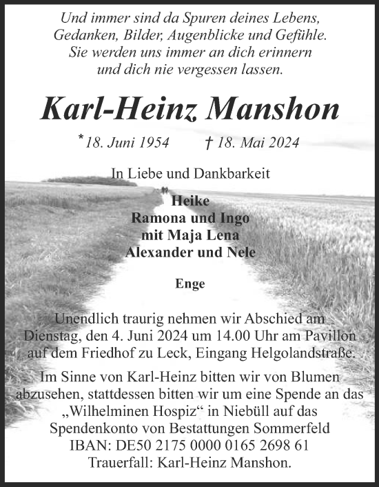 Traueranzeige von Karl-Heinz Manshon von Husumer Nachrichten, Nordfriesland Tageblatt