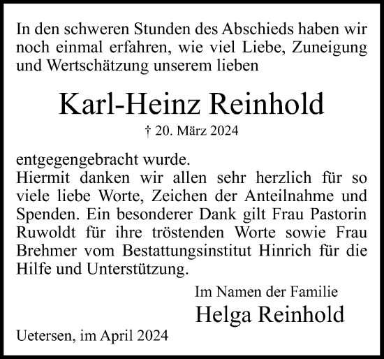 Traueranzeige von Karl-Heinz Reinhold von Uetersener Nachrichten, Der tip am Wochenende