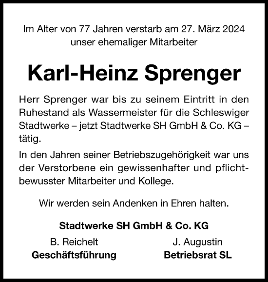 Traueranzeige von Karl-Heinz Sprenger von Schleswiger Nachrichten, Schlei-Bote