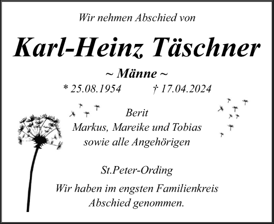 Traueranzeige von Karl-Heinz Täschner von Husumer Nachrichten, Nordfriesland Tageblatt