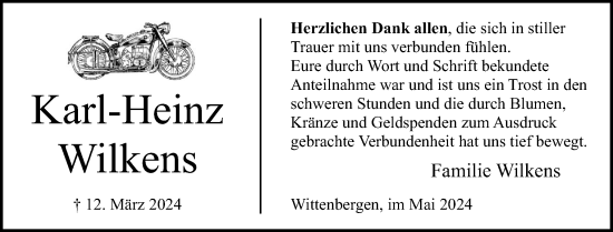 Traueranzeige von Karl-Heinz Wilkens von Norddeutsche Rundschau, Wilstersche Zeitung, Glückstädter Fortuna