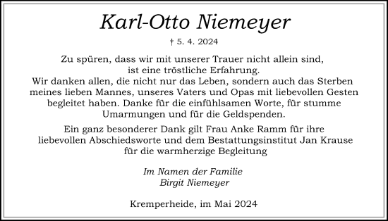 Traueranzeige von Karl-Otto Niemeyer von Norddeutsche Rundschau, Wilstersche Zeitung, Glückstädter Fortuna