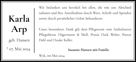 Traueranzeige von Karla Arp von Der Insel-Bote