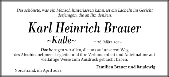 Traueranzeige von Karl Heinrich Brauer von Husumer Nachrichten, Nordfriesland Tageblatt